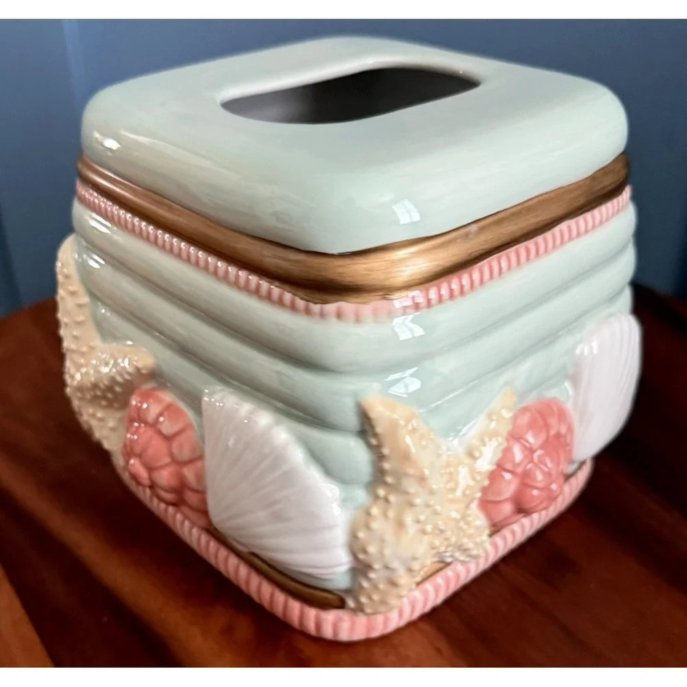 Vintage 80's Seashell Tissue Box Cover Sharry Holiday Coastal Pastel Ceramic